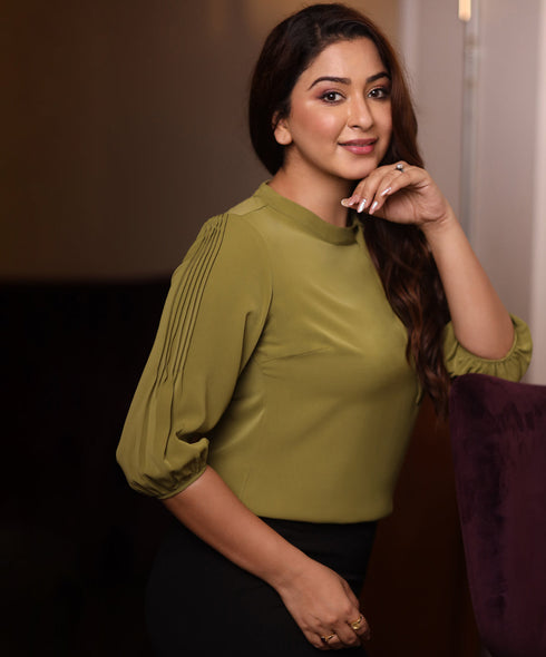 Half Sleeve Pintuck Chiffon Green Top